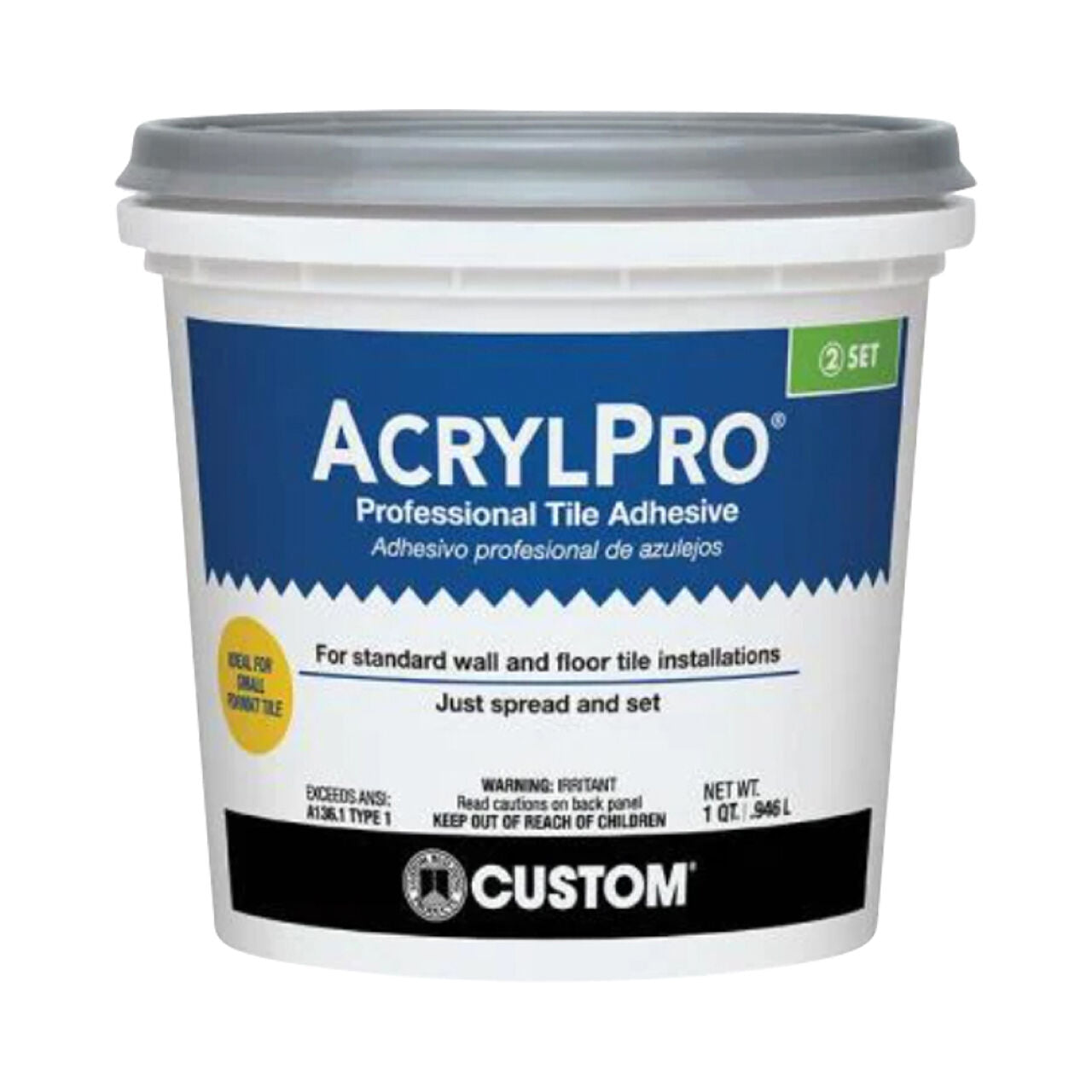 A 1 qt. container of Go Builds AcrylPro Ceramic Tile Adhesive, featuring a gray lid and blue-and-white label with usage details and cautions—ideal for drywall or standard tile installations. Brand: The Fastest Way To Build.